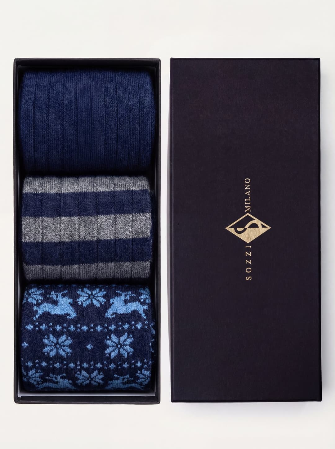 Gift box 3 Pairs Long Patterned Socks in Cashmere Blend - Blue