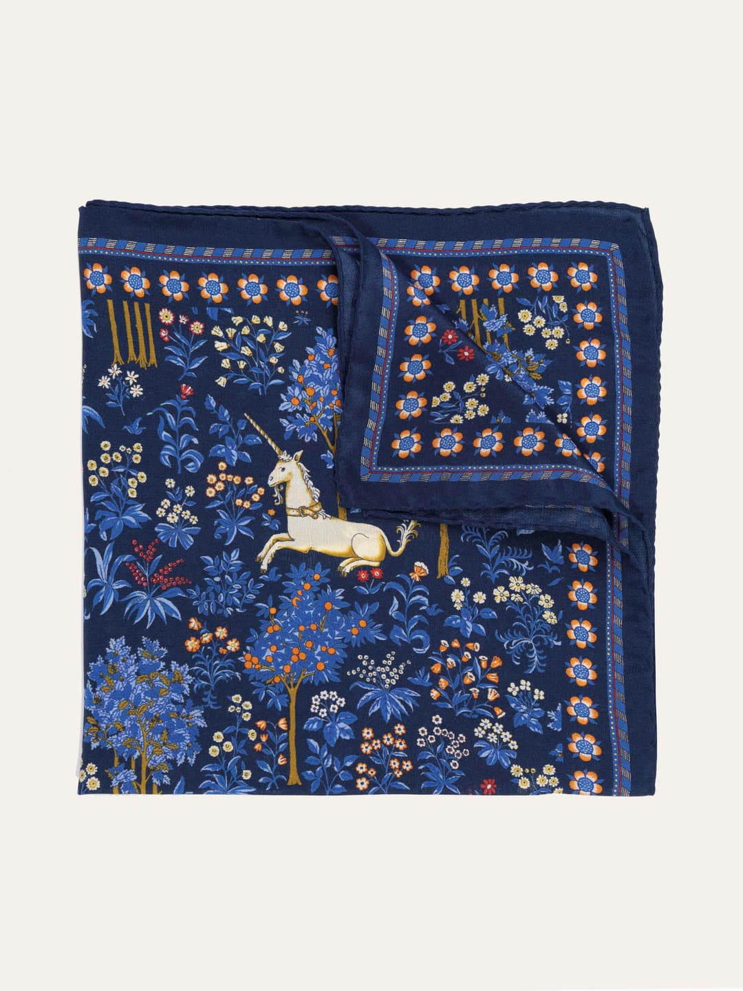 Silk Pocket Square with Unicorn and Floral Pattern