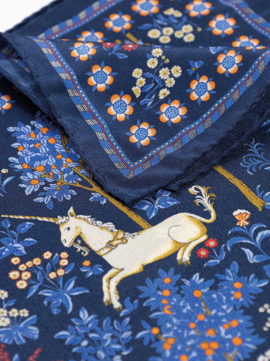 Silk Pocket Square with Unicorn and Floral Pattern