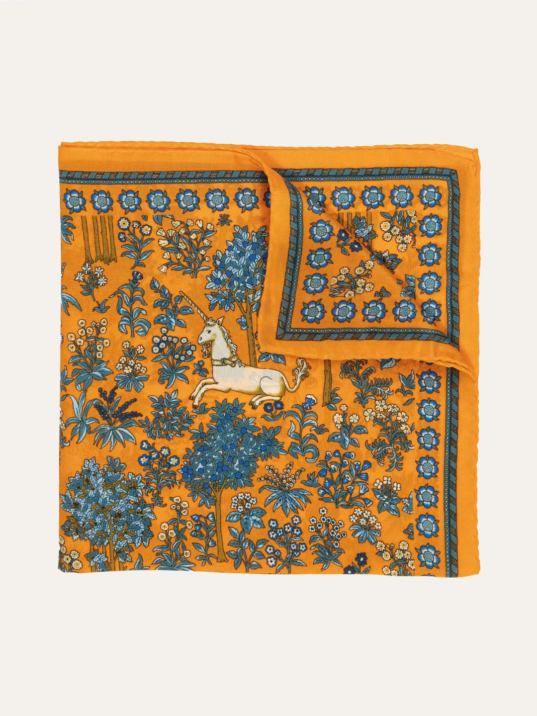 Silk Pocket Square with Unicorn and Floral Pattern