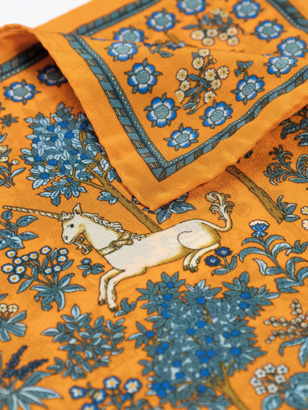 Silk Pocket Square with Unicorn and Floral Pattern